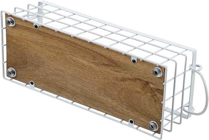 MyGift 13 and 12 Inch Nesting Storage Baskets with Handles, Wall Mounted or Tabletop White Metal Wire and Premium Acacia Wood