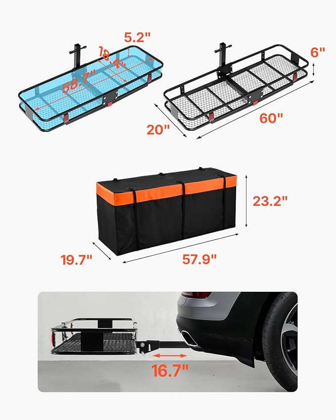 VEVOR 60"x20"x6", Hitch Cargo Carrier, 500 lbs Capacity Hitch Cargo Carrier with Cargo Net & Waterproof Cargo Bag, Folding Hitch Mount Cargo Carrier with Hitch Lock for 2" Receiver, Fit for SUVs