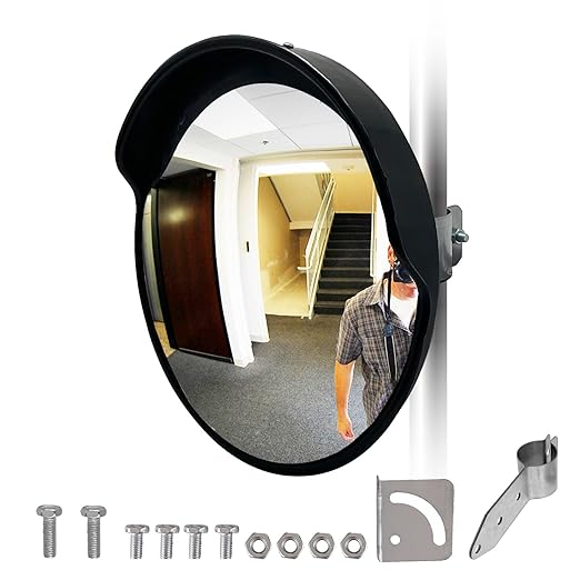 Convex Mirror - 12" Safety Mirrors for Garage, Warehouse, Pole-Mount Large Security Mirror for Driveway with Flexible PC Lens (12 Inch, Black)