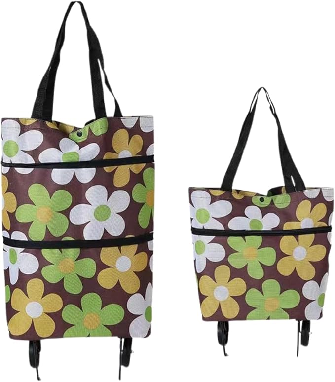 Reusable Grocery Bags with Waterproof Coating and Folding Wheels - Foldable Tote Bags for Shopping, Multi-Purpose Storage for Groceries(Coffee Flower)