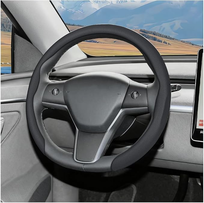 Car Nappa Leather Steering Wheel Cover, 15" Fashionable 5D Anti-Slip Vehicle Steering Wheel Protector, Breathable Auto Interi