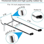 15 Pcs Double Pegboard Hooks 4 Inch, Heavy Duty Peg Board Hooks with Black Rubber Tipped, Pegboard Accessories Fit 1/4' Board