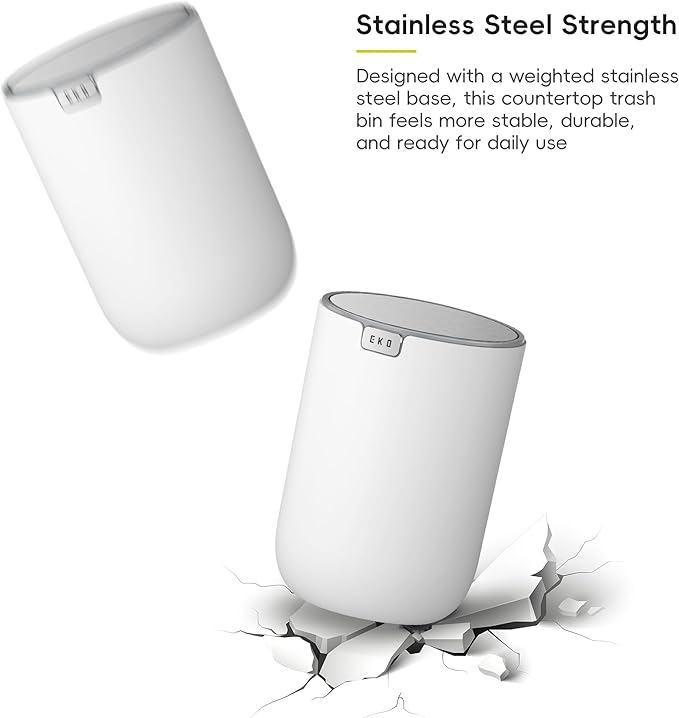 EKO Mini Desk Trash Can with Swing-Top Lid 0.4 Gallon Small Table Round Wastebasket for Office, Home, Car (White)