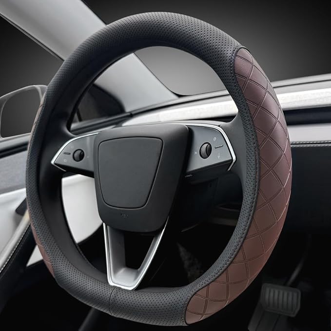 LKWLIKEI Leather Steering Wheel Cover. Elegant Diamond Checkered Design, Non-Slip and Breathable, for Tesla Model 3/Y Steerin