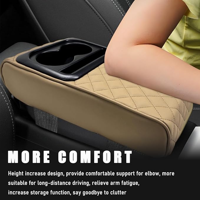 Car Center Console Armrest Pillow, Waterproof Car Armrest Cover Cushion with Cup and Phone Holder, Memory Foam Arm Rest Box Protector for Most Vehicles, Car Accessories (Beige)