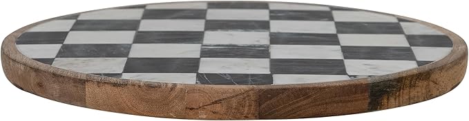 Creative Co-Op Checkered Lazy Susan in Mango Wood and Marble, White, Black and Natural