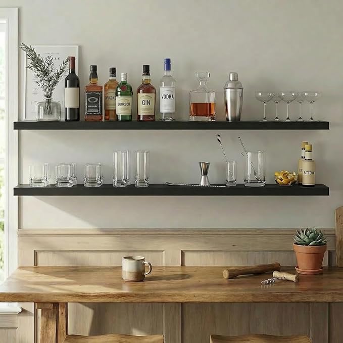 IEO Long Wooden Floating Shelves for Room Wall, Natural Wood Floating Shelves Wall Mounted Kitchen Shelf for Living Room, Bed
