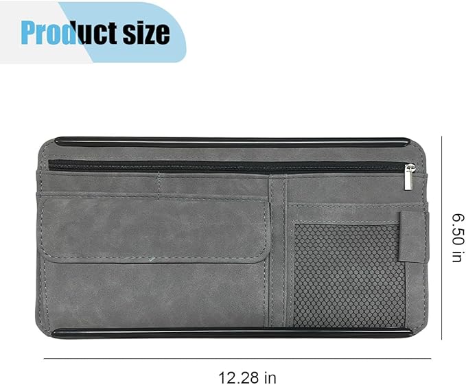 Suede Car Sun Visor Organizer with Multi-Pocket Net Zipper, Glasses Case, Sunglass Holder (Grey)