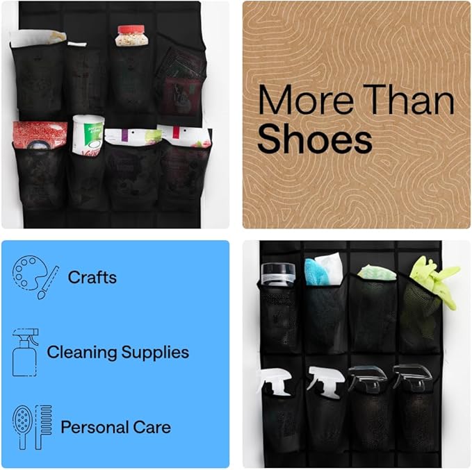 GORILLA GRIP Over the Door Shoe Organizer, 24 Large Breathable Mesh Pockets, Space Saving Hanging Storage Holder, Closet Rack
