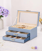 Enthralite Jewelry Box with 2 Drawers: Jewelry Display Organizer for Earrings Necklaces - Gifts for Girls Women (Grey Blue)