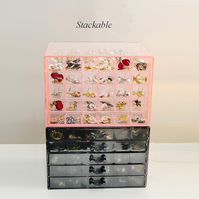 YUFONG Earring Storage Box Organizer, Acrylic Jewelry Storage Box Holder 5 Drawers Transparent Jewelry Display Stand with 120