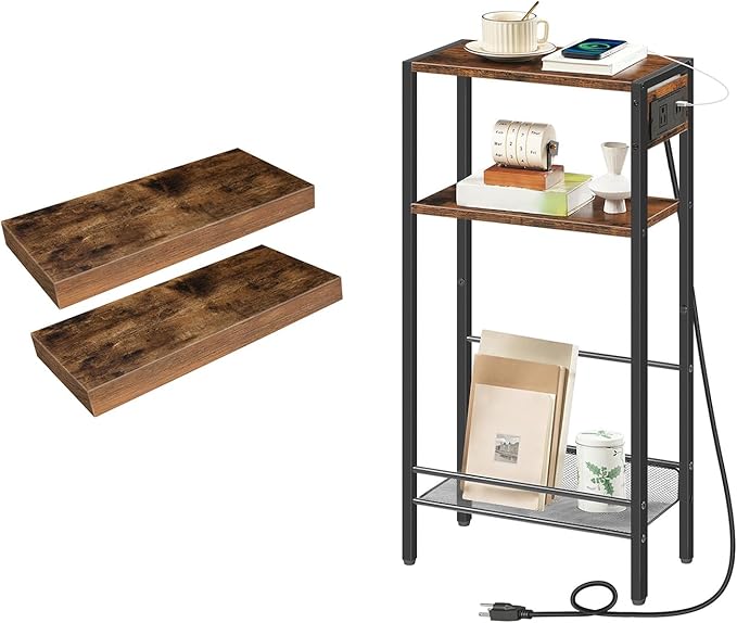 HOOBRO Floating Shelves and Console Table Bundle, Wall Mounted Shelf Set of 2, 15.7" Narrow Entryway Table with Charging Stat