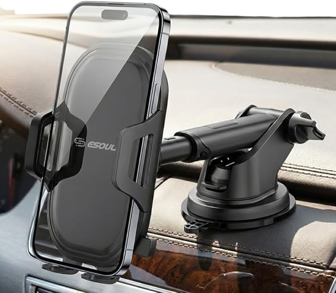 Esoulk One Touch Car Phone Mount - Dashboard & Windshield Cell Phone Holder, Strong Suction Cup Auto Stand with Adjustable Telescopic Arm, 360° Rotation for iPhone, Samsung & All Smartphones