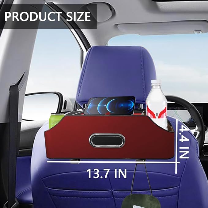 AUCELI Car Seat Back Organizer with Cup Holder and Tissue Box, Headrest Hanging Storage Box with Hooks and Phone Holder, Multi-Function Travel Tray for Kids, Road Trip Car Accessories