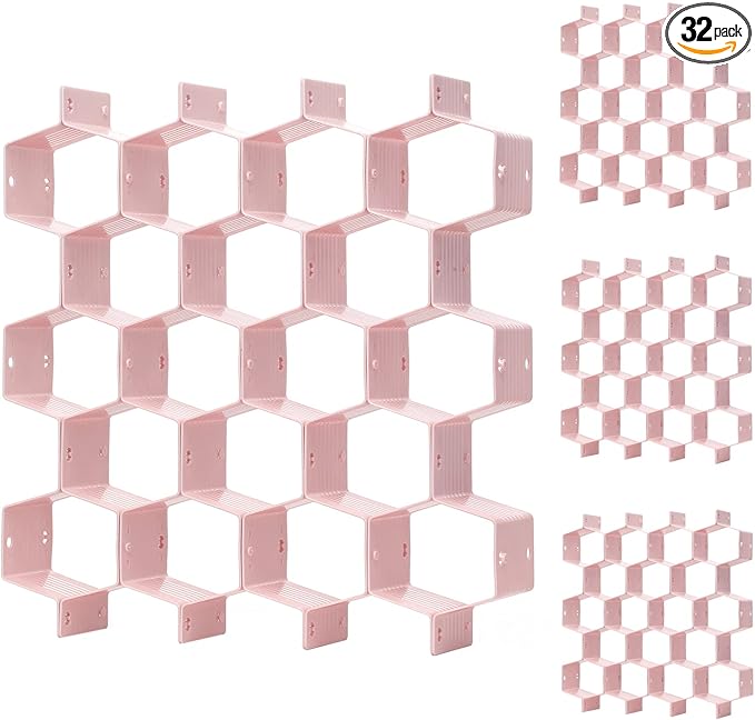 Honeycomb drawer organizer and divider, underwear, socks, tie sorter, office supplies and sundry sorting 32 pieces (Pink)