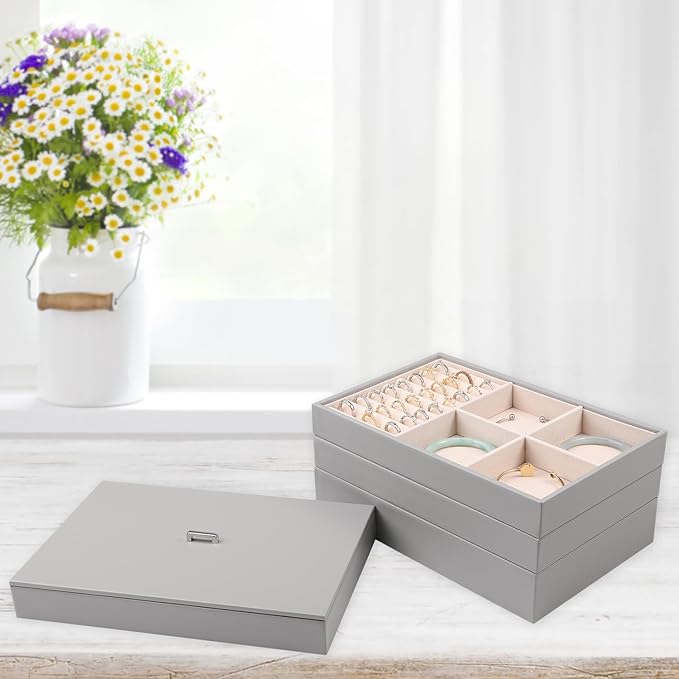 Voova Stackable Jewelry Organizer Tray with Lid, PU Leather Jewelry Storage Holder for Drawer Inserts, Jewellery Display Box 