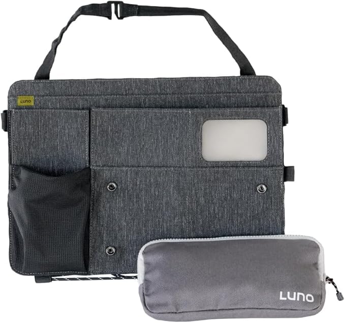 Luno Backseat Car Organizers - Travel Organizer for Road Trip Essentials w/iPad Holder, Snap-On Pouch, Bottle Slot & G-Hooks for Road Trip & Camping - Seat Protector & Organizer Fits All SUVs & Cars