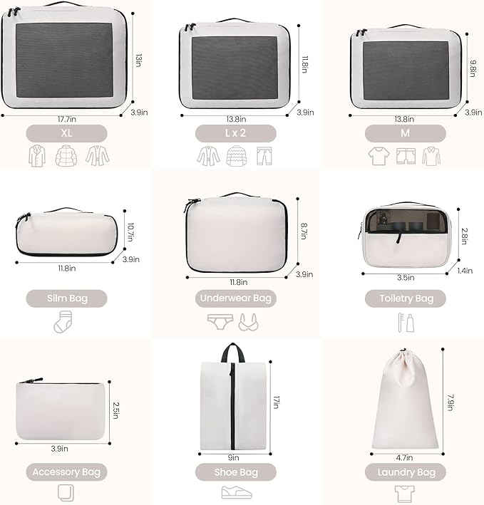 Mesh Packing Cubes for Travel, Durable Luggage Organizer with Sturdy Material and Double Zippers, Comprehensive Set for Trave