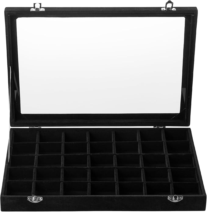 Frebeauty Velvet Jewelry Tray,35 Grid Jewelry Organizer with Clear Lid,Earring Holder Organizer Case with Clasp,Drawer Insert