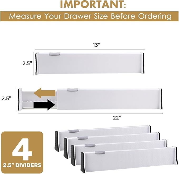 RAPTUROUS Adjustable Drawer Dividers 4 Pack, 2.5" High, 13-22" Long, Dresser Drawer Organizer for Bedroom, Closet, Kitchen, N