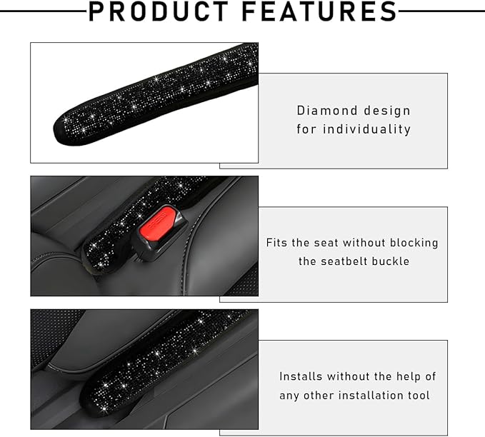 2PCS Bling Car Seat Gap Filler, Sparkling Rhinestone Side Seat Gap Blocker Stop Things from Dropping, Soft Foam Car Truck Filler Blocker Fill The Gaps Between Seats and Console (Black)