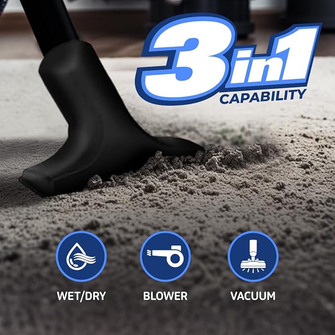 Koblenz WD-2.5L Portable Wet Dry Vacuum, 2.5-Gallon 2.5 PHP Suction Plus Blower Vacuum Cleaner for Liquids, Dust, Pet Hairs, 