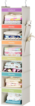 YOUDENOVA 6-Shelf Weekly Hanging Closet Organizer, Weekly Clothes Organizers for Kids with 2 Side Pockets, Beige