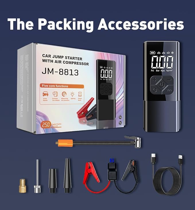 Tire Inflator Portable Air Compressor with Jump Starter - 150PSI & 8000mAh Car Battery Jump Starter with Tire Pressure