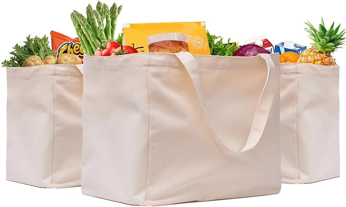 3 Pack Heavy Duty Reusable Canvas Grocery Bags, Holds 60 lbs, 8.3 gal Multi-Purpose Washable Grocery Bags with 5 Pockets, Off White