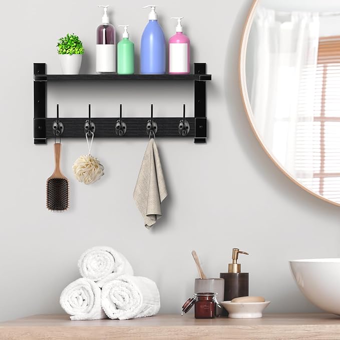 Oraich Wall Hooks with Shelf, Coat Rack Wall Mount, Entryway Hanging Shelf for Clothes Backpack Key Purse, Shelf with Hooks H