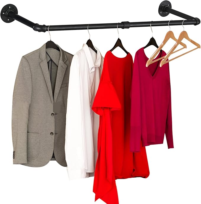 Wall Mounted Clothes Rack - 54"Industrial Pipe Clothing Garment Rack, Space - Saving Heavy Duty Detachable Black Iron Clothes