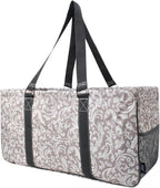 NGIL Extra Large Utility Tote Reusable Grocery Bag Oversized Collapsible for Groceries, Storage, Picnic, Beach (Damask Vine-Gray)