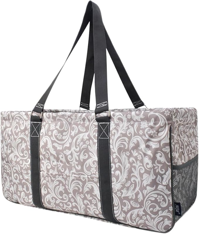 NGIL Extra Large Utility Tote Reusable Grocery Bag Oversized Collapsible for Groceries, Storage, Picnic, Beach (Damask Vine-Gray)