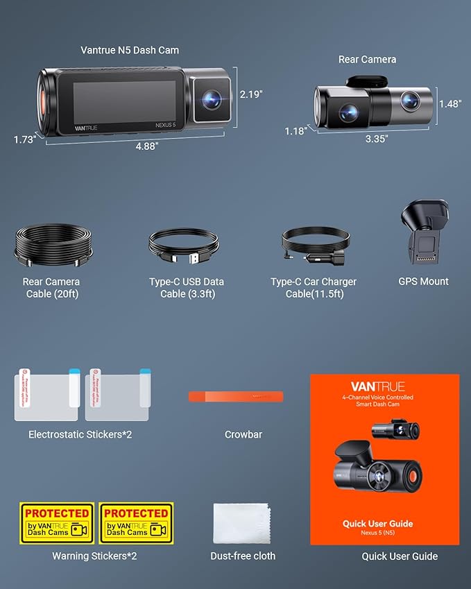Vantrue N5 4 Channel WiFi 360° All Sides Dash Cam, STARVIS 2, IR Night Vision, 2.7K+1080P*3 Front Rear Inside Dashcam, Voice 