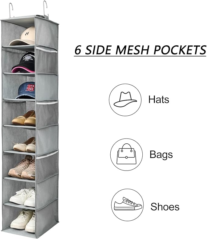 Berdeng Hanging Shoe Organizer for Closet with Side Mesh Pockets，Hat Racks for Baseball Caps，Shoe and Hat Holder & Storage，8-