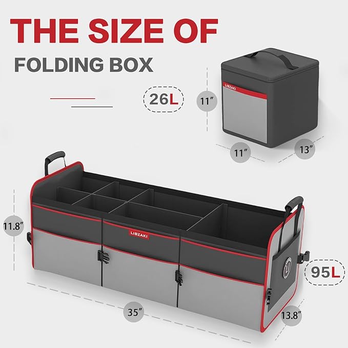 LIBZAKI Car Trunk Organizer,3 Compartments Big Trunk Storage, Large Capacity, Foldable, 95L Heavy Duty Storage Box for Car,