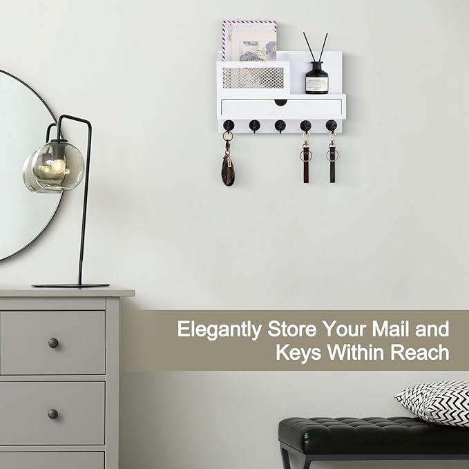 Key Holder Wall Mount, Key Holder for Wall with 5 Key Hooks and Storage Drawer Mail Organizer for Entryway Living Room Farmho