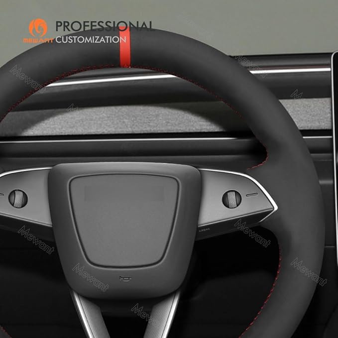 MEWANT Hand Stitched Matte Carbon Fiber&PU Leather Steering Wheel Cover Wrap for Tesla Model 3 Highland 2023 2024 2025 Steering Wheel Accessories