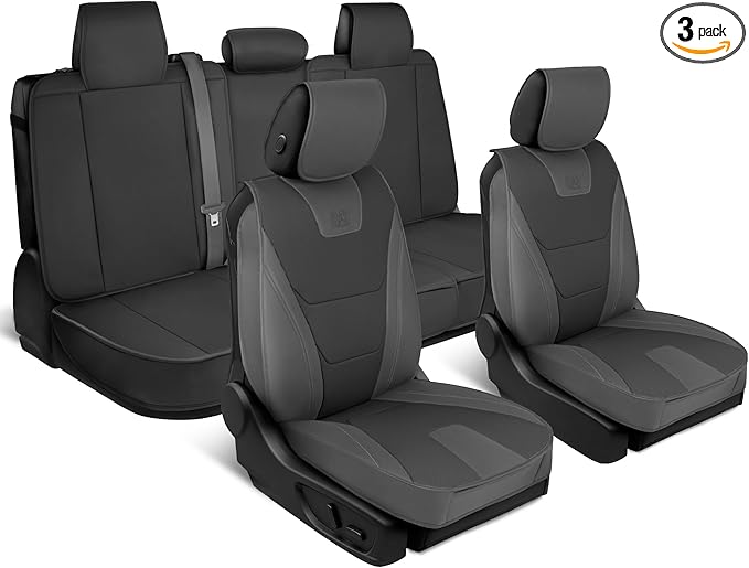 Cat® Edge Deluxe Faux Leather Car Seat Covers – Full Set (2 Front + 1 Rear Bench) – Semi-Custom Universal Fit, Two-Tone Black