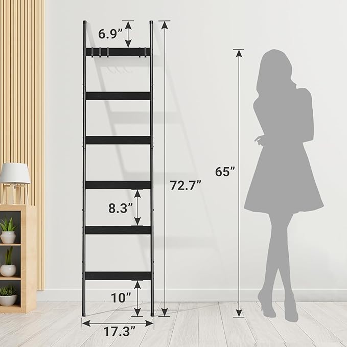 ELYKEN Blanket Ladder for Living Room, Farmhouse 6-Tier Quilt Holder with 4 Removable Hooks for Bathroom, Wood Towel Rack Dis
