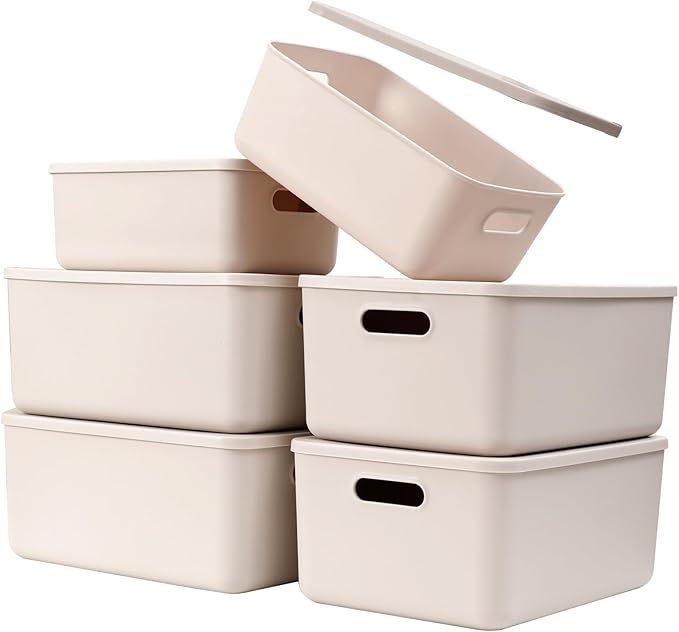 Yishyfier Plastic Storage Baskets With Lid Organizing Container Lidded Knit Storage Organizer Bins for Shelves Drawers Deskto