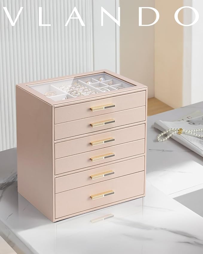 VLANDO 6 Layer Jewelry Box for Women, Glass Lid Jewelry Organizer with 6 Drawers for Necklaces Rings Earrings Bracelets - Tof