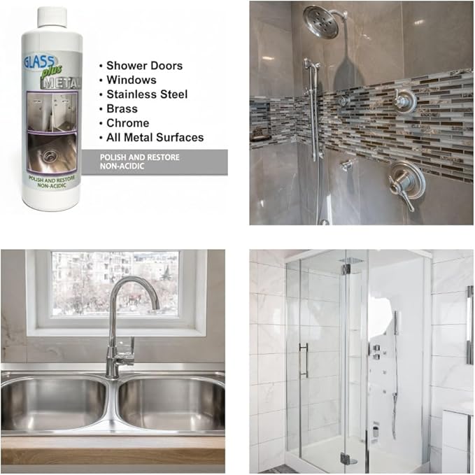 Glass Plus Metal - Polish and Restore | Safe Water Deposit & Stain Remover | Shower Glass, Stainless Steel Frames, Kitchen, B