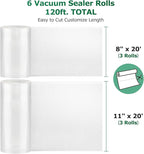 FRESKO Vacuum Sealer Bags Food Rolls 6 Packs - 8" x 20' & 11" x 20', Commercial Grade Seal a Meal Bags for Storage Food and S