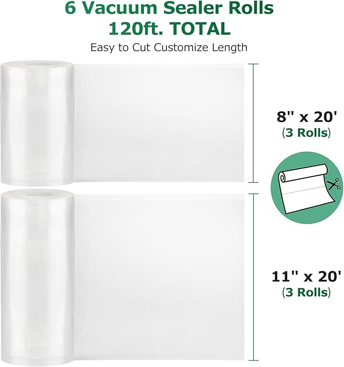 FRESKO Vacuum Sealer Bags Food Rolls 6 Packs - 8" x 20' & 11" x 20', Commercial Grade Seal a Meal Bags for Storage Food and S