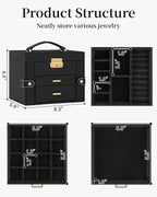 TORIBIO Jewelry Box for Women, Leather Jewelry Organizer with Mirror & Lock, 3-Tier Jewelry Storage Organizer with 2 Drawers 