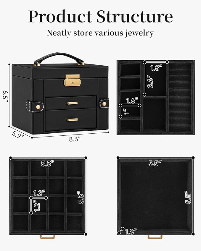 TORIBIO Jewelry Box for Women, Leather Jewelry Organizer with Mirror & Lock, 3-Tier Jewelry Storage Organizer with 2 Drawers 