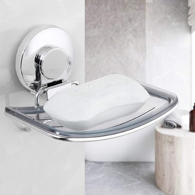 LEVERLOC Chrome Suction Cup Soap Dish Holder for Shower Wall Drill-Free Rustproof Waterproof Wall Mount Strong Suction Remova