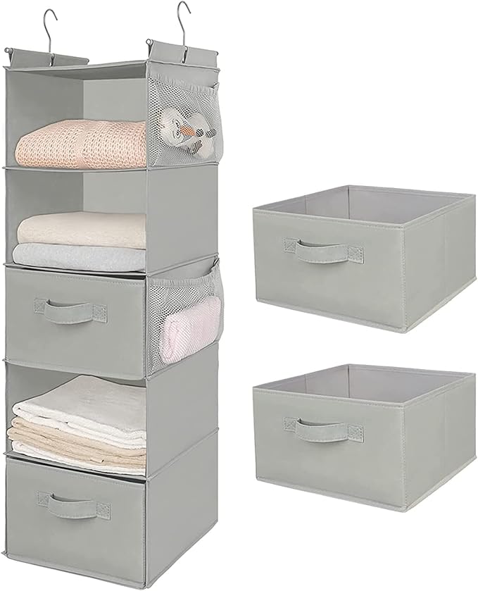 MAX Houser 5 Tier Shelf Hanging Closet Organizer, Cloth Hanging Shelf with 2 Sturdy Hooks for Storage, Foldable (Light Grey-D