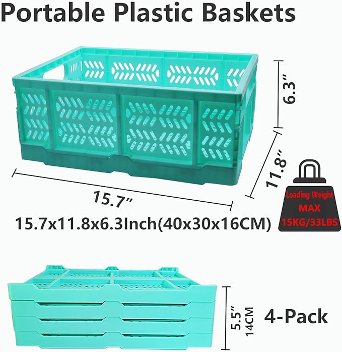 20L Folding Crates, 4Pack Plastic Storage Bins Organizer for Home and Office,Plastic Folding baskets,Collapsible Crates for C